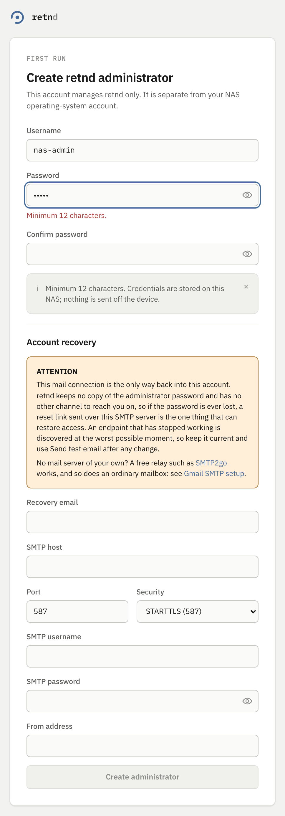 The enrolment form showing the message Minimum 12 characters below a short password
