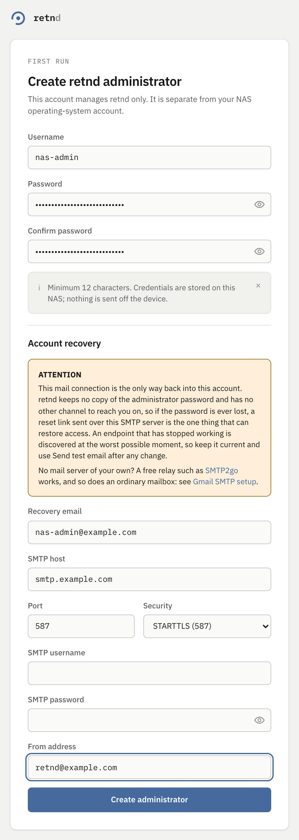 The enrolment form with every field filled, the SMTP username and password left empty, and the Create administrator button enabled