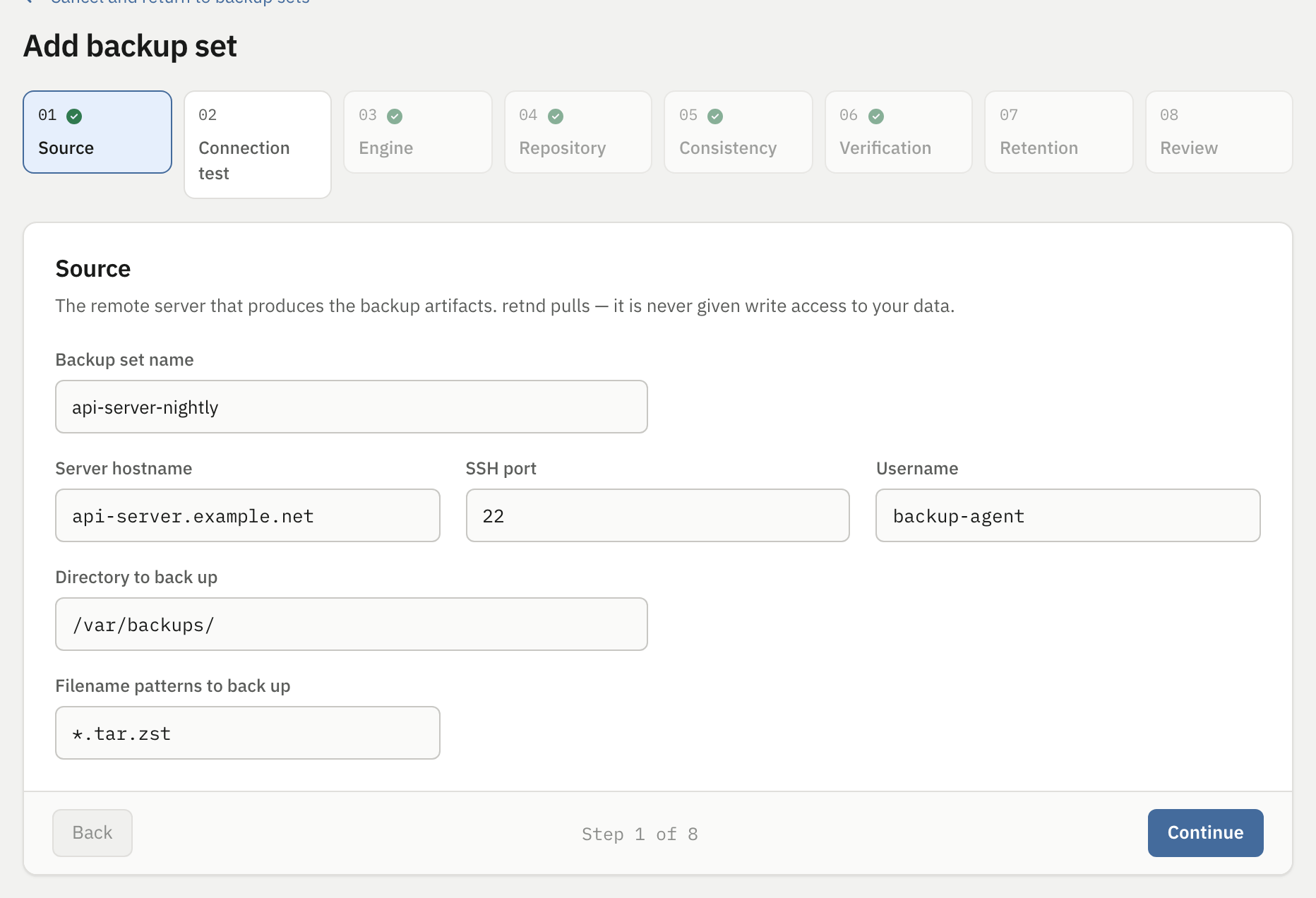 Step 1 Source filled in with a backup set name, a hostname, port 22, a username, a directory and a filename pattern