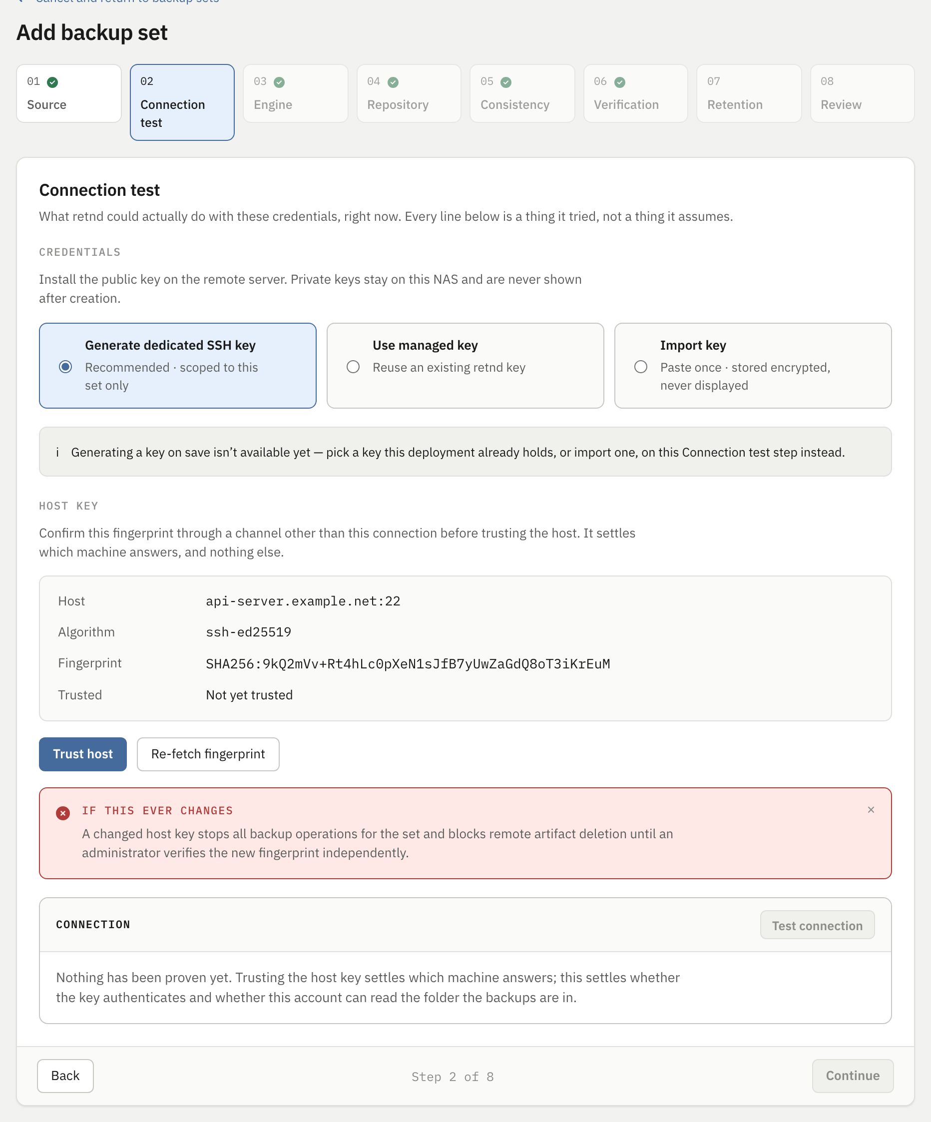Step 2 Connection test as it opens: three key-source choices with Generate selected, an information banner, the fetched host-key fingerprint marked not yet trusted, and a connection panel saying nothing has been proven