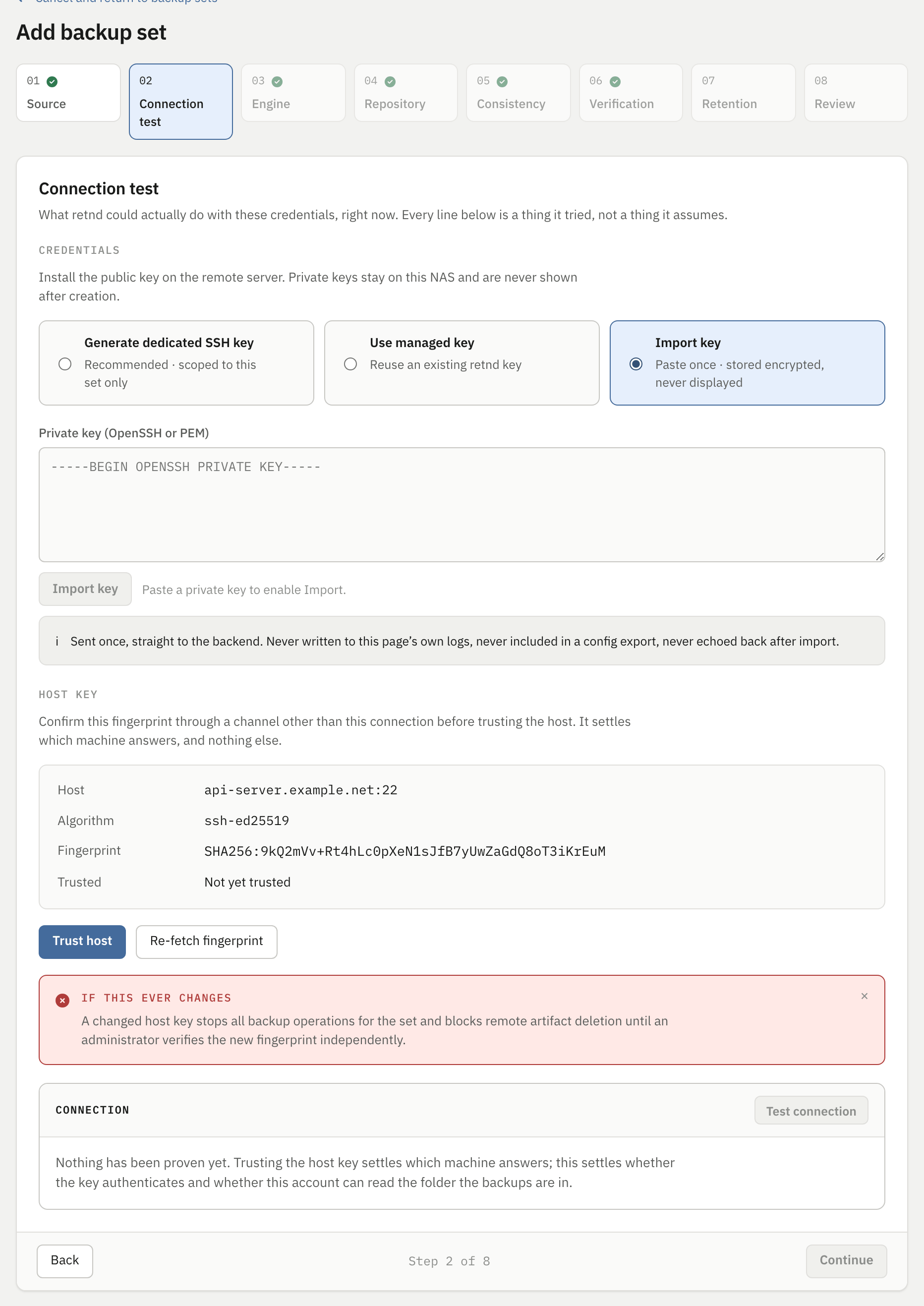 Step 2 with Import key selected, showing an empty private key textarea and a disabled Import key button