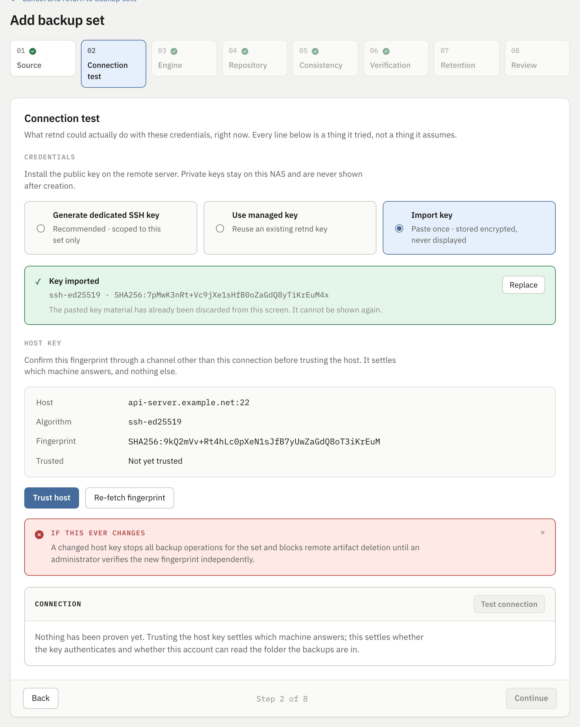 Step 2 showing a green Key imported banner with an algorithm and fingerprint, and a Replace button