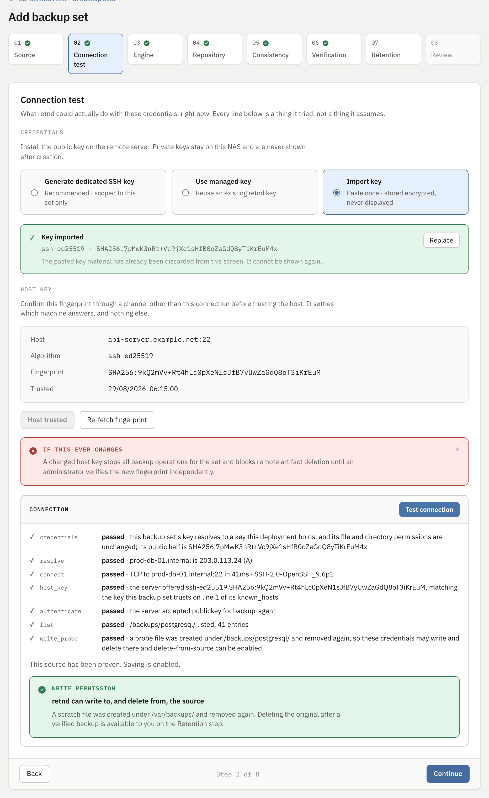 The connection panel after Test connection, listing seven named checks all passed, the sentence This source has been proven, and a green write-permission verdict