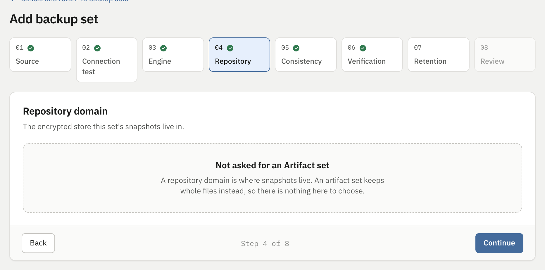 Step 4 Repository domain showing a panel reading Not asked for an Artifact set