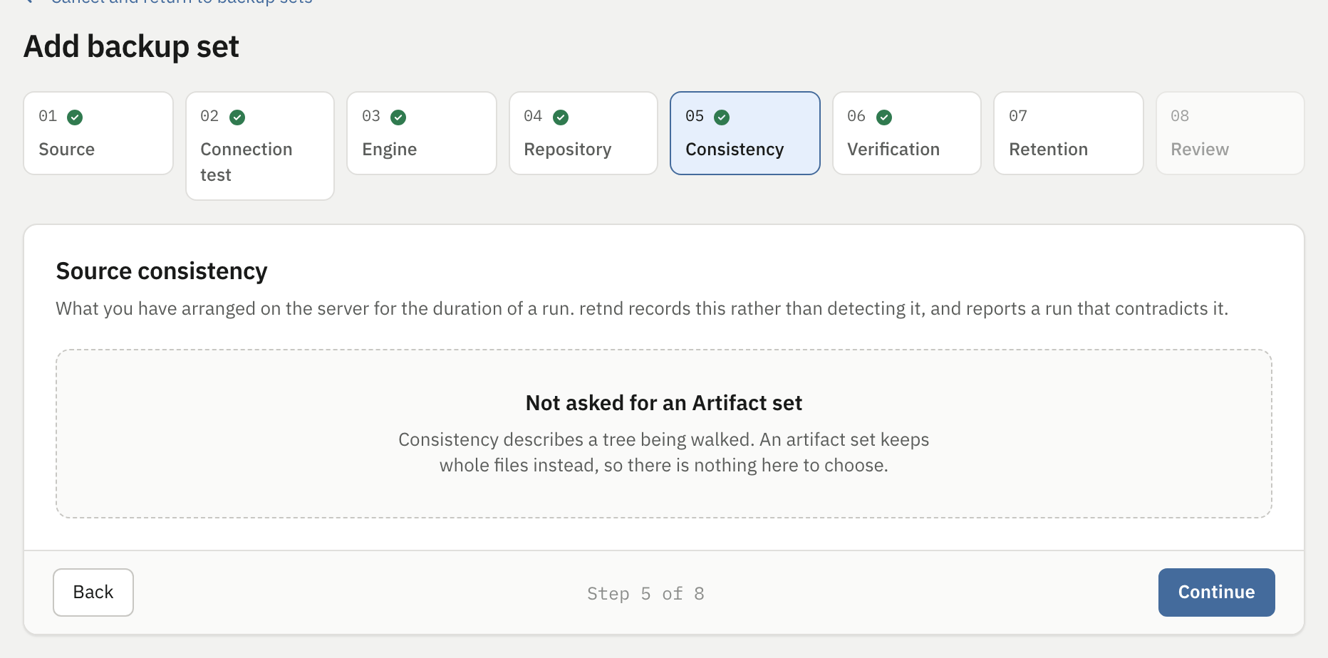Step 5 Source consistency showing a panel reading Not asked for an Artifact set