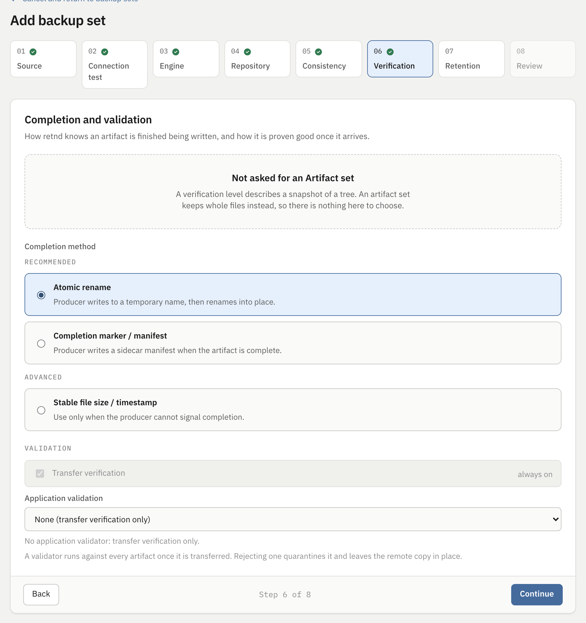 Step 6 Completion and validation with Atomic rename selected under the Recommended heading, transfer verification marked always on, and an application validation dropdown