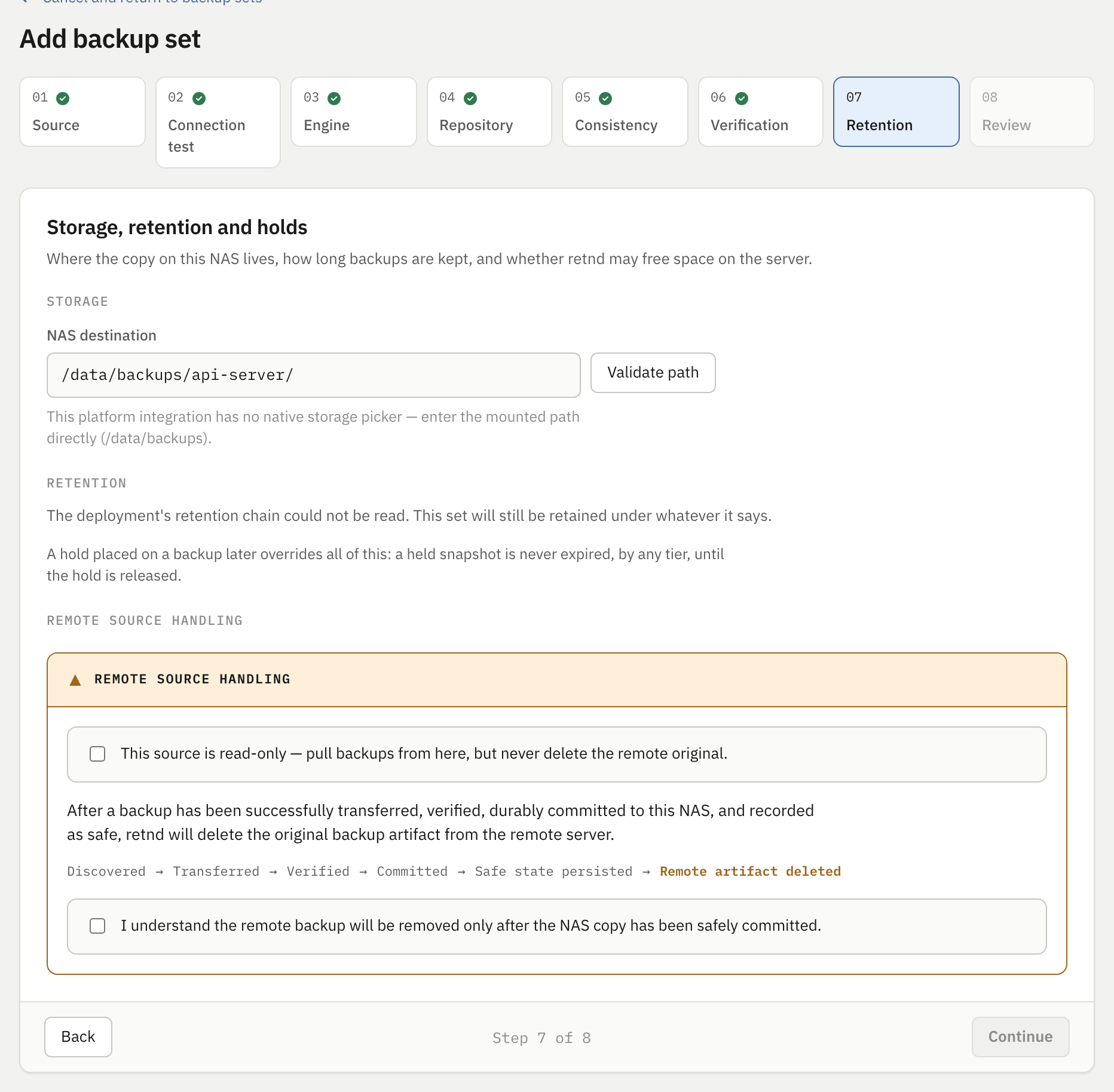 Step 7 showing a NAS destination field with a Validate path button, the retention chain unavailable, and the remote source handling box with its acknowledgement unticked