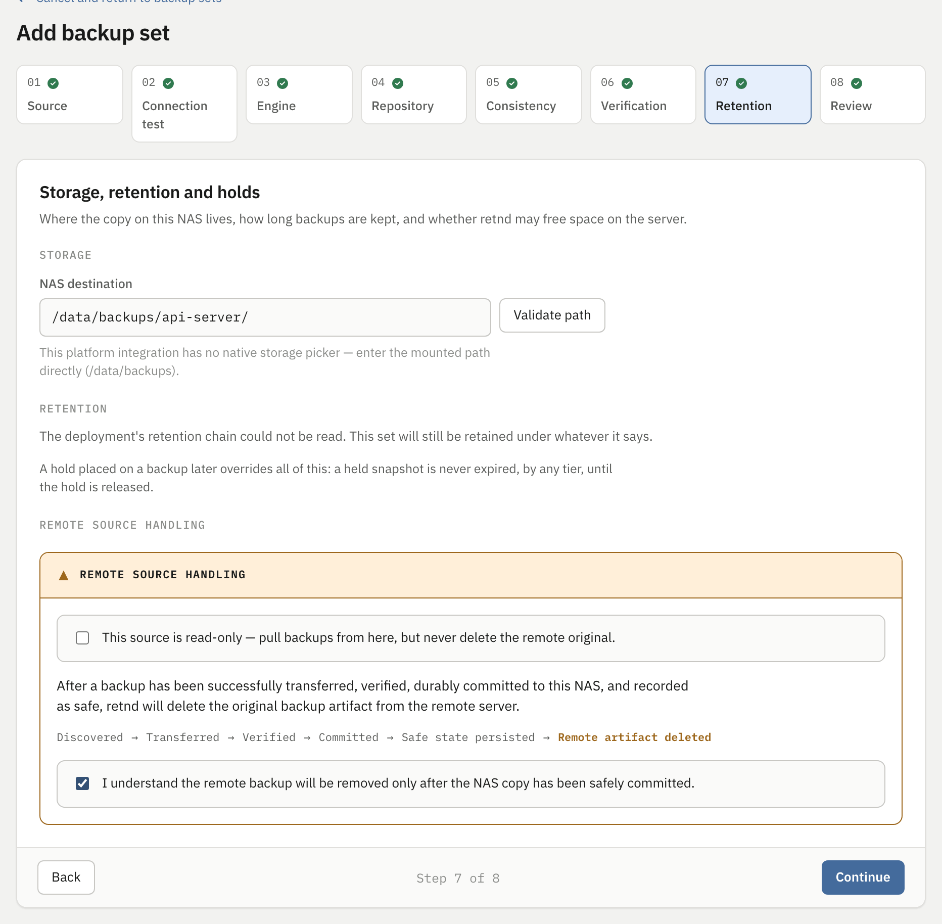 Step 7 with the acknowledgement ticked and Continue now available
