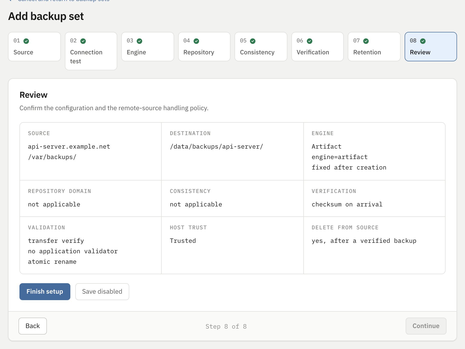 Step 8 Review showing a nine-cell summary grid and two save buttons, Finish setup and Save disabled