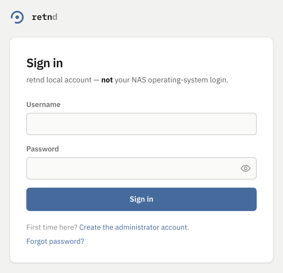 The retnd sign-in page with username and password fields and a link reading First time here? Create the administrator account