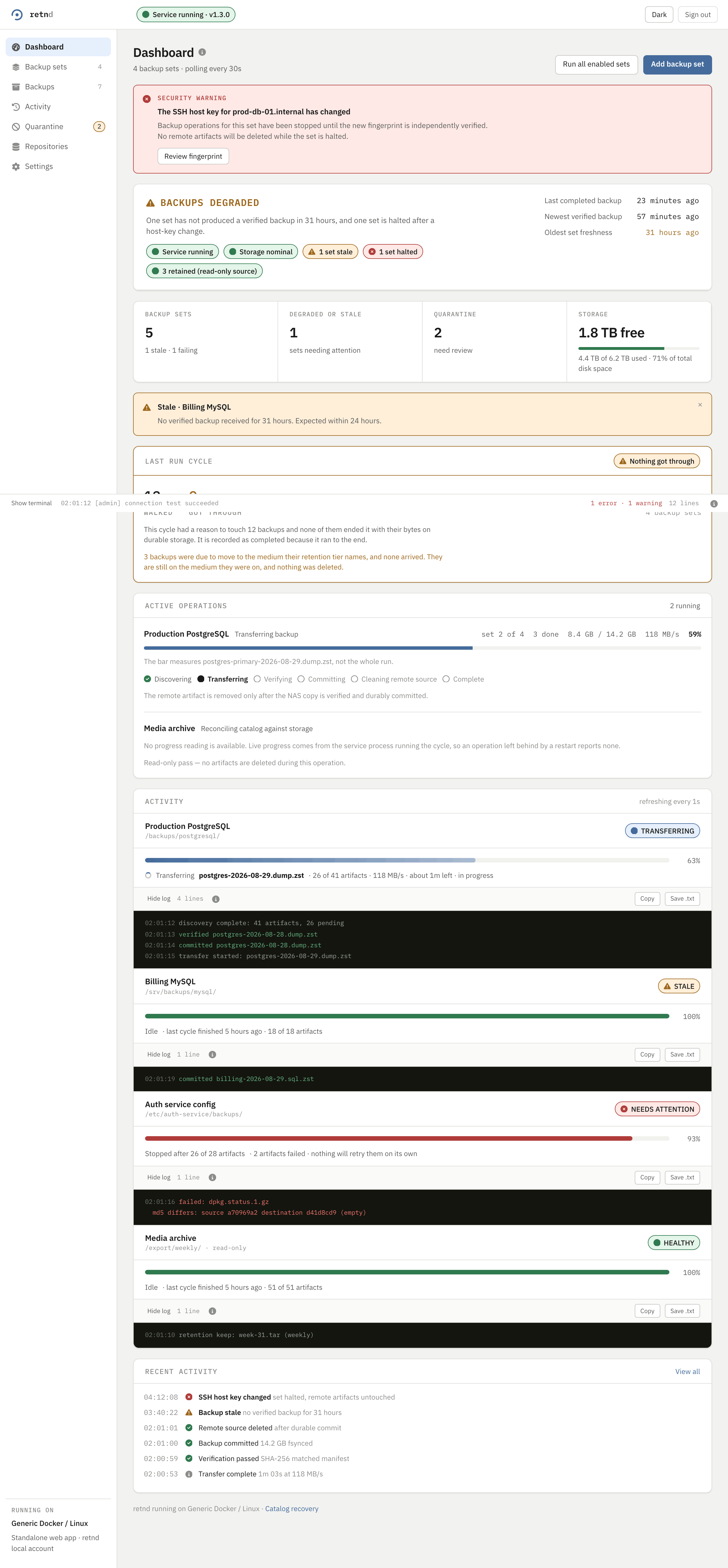 The retnd dashboard: a red security warning about a changed SSH host key, a BACKUPS DEGRADED summary with status pills and freshness figures, four count cards, an active-operations panel with a transfer at 59 per cent, a per-set activity list with expandable logs, and a recent-activity list