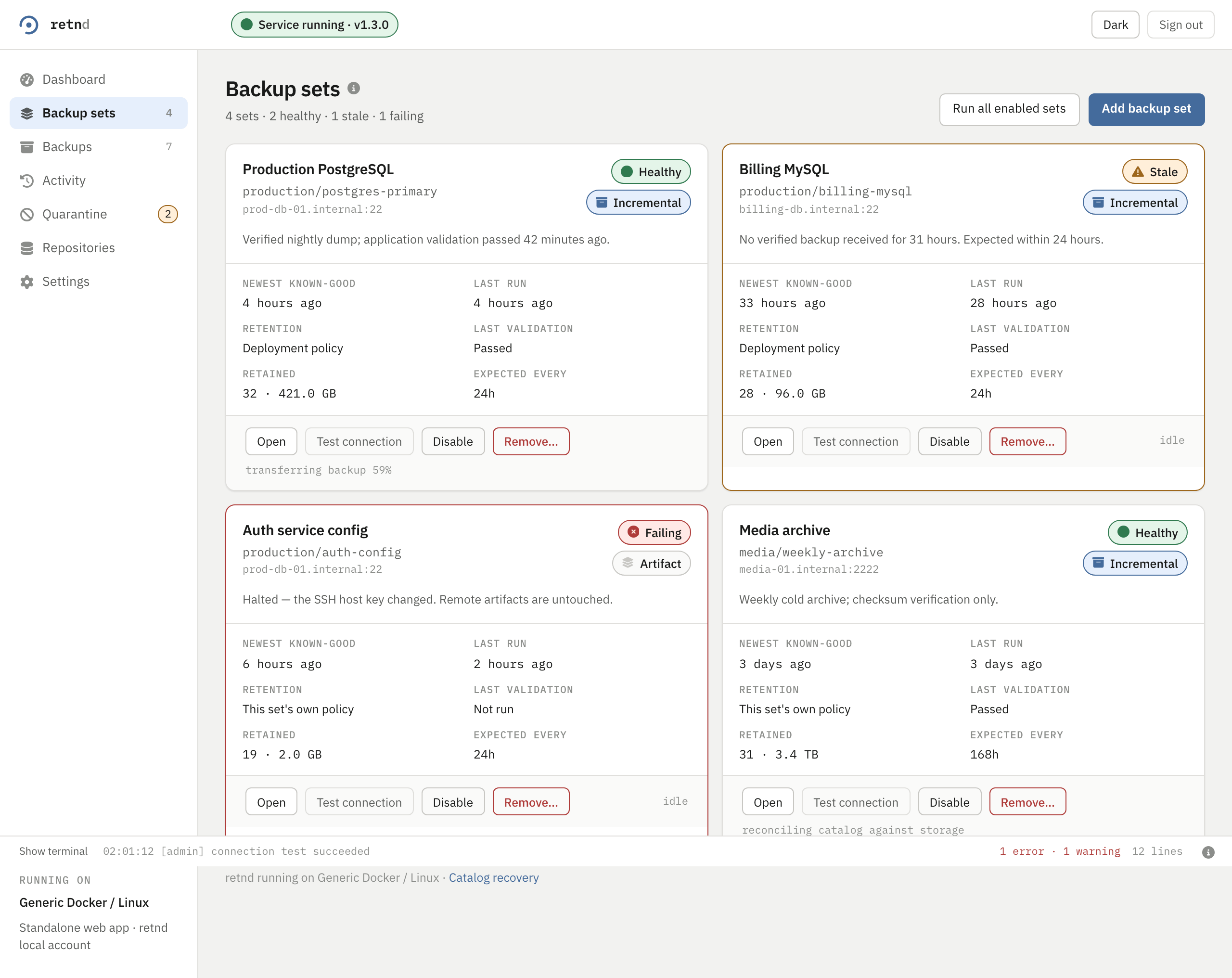 The Backup sets screen: four cards, each with a health pill, the set id, the source host and port, a sentence of status, six figures, and Open, Test connection, Disable and Remove buttons