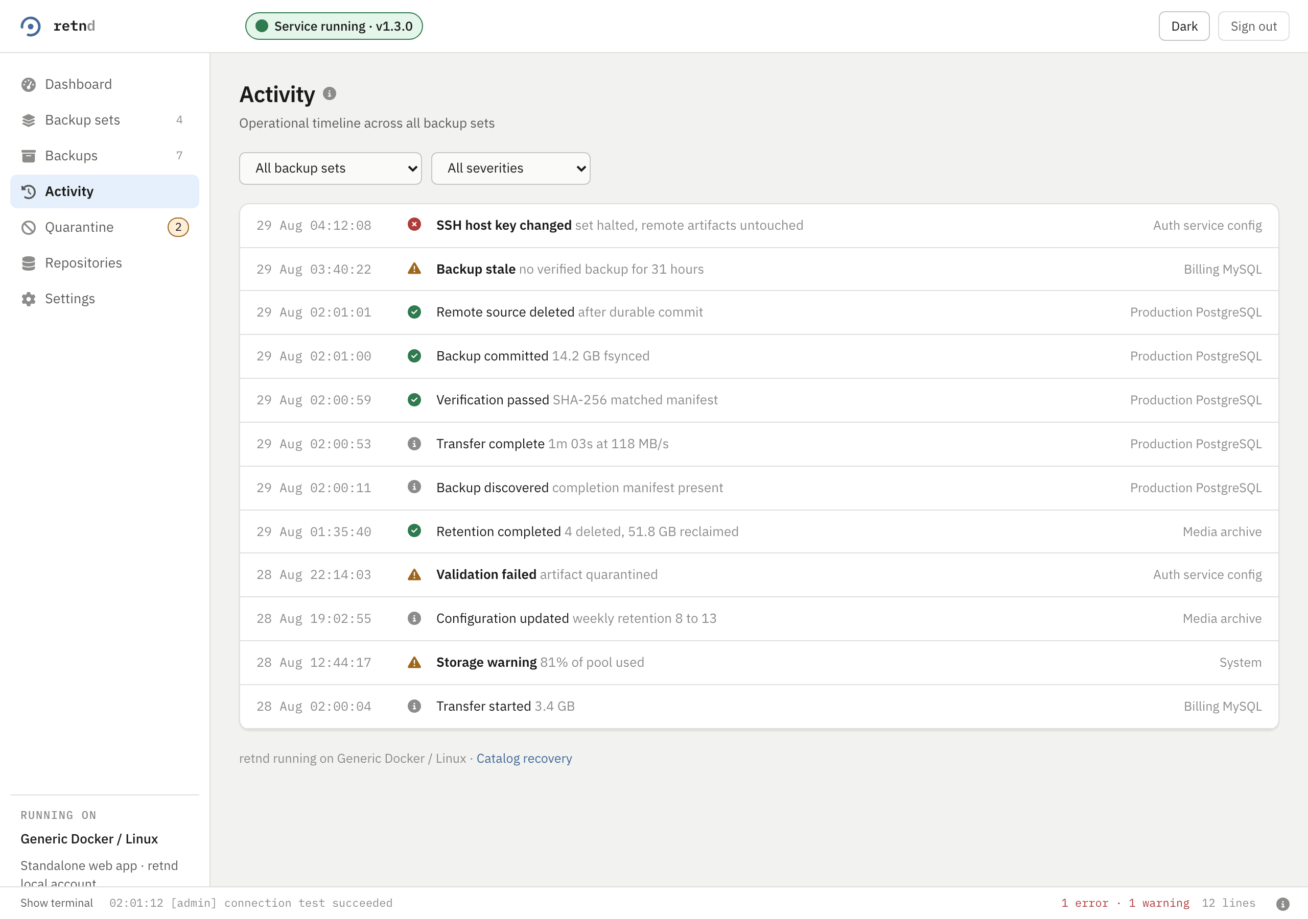 The Activity screen: a timeline of events with timestamps, severity icons, an event name, a detail phrase and the backup set each belongs to, filtered by backup set and severity