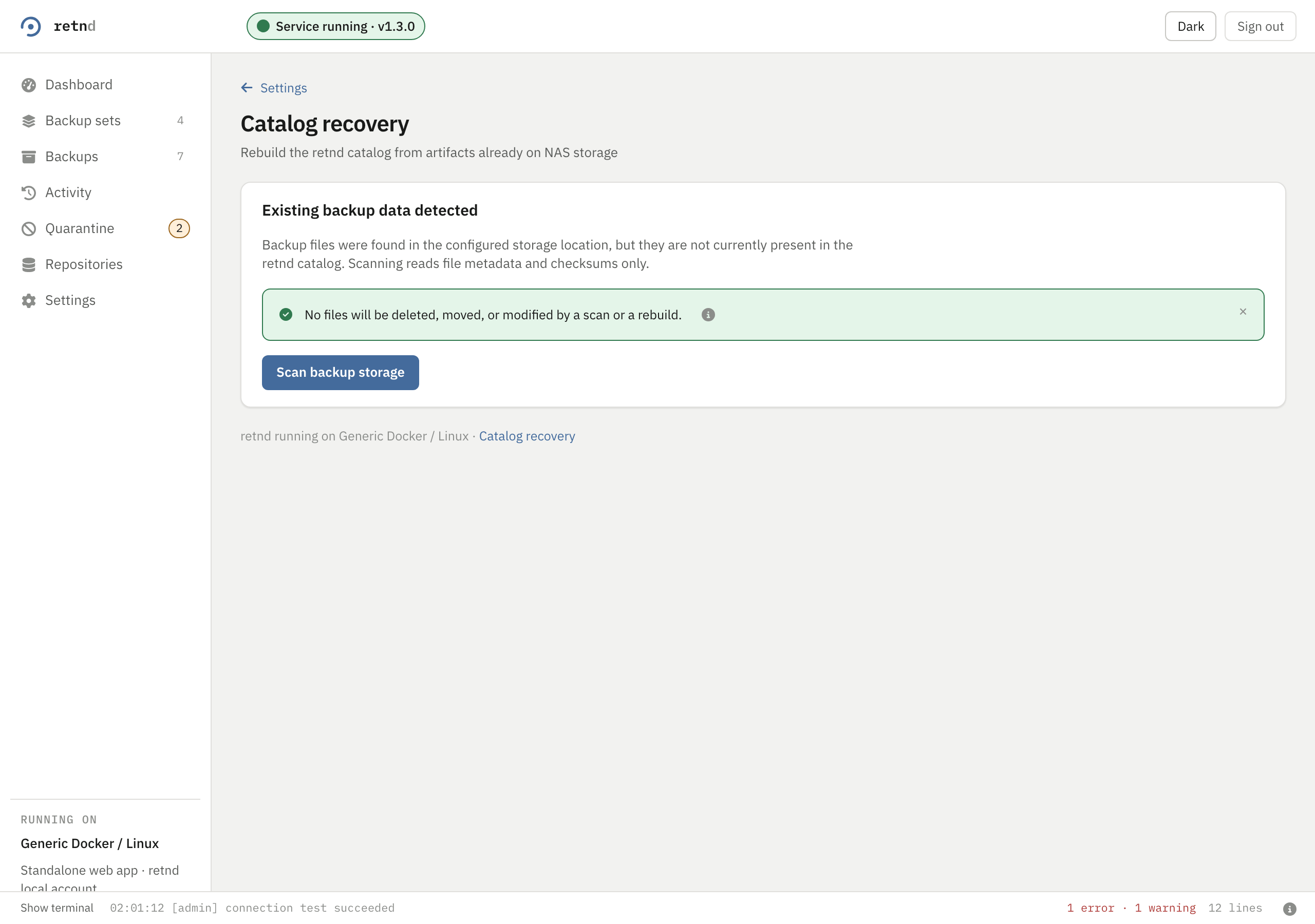 The Catalog recovery screen: a card headed Existing backup data detected, a green reassurance that no files will be deleted moved or modified, and a Scan backup storage button
