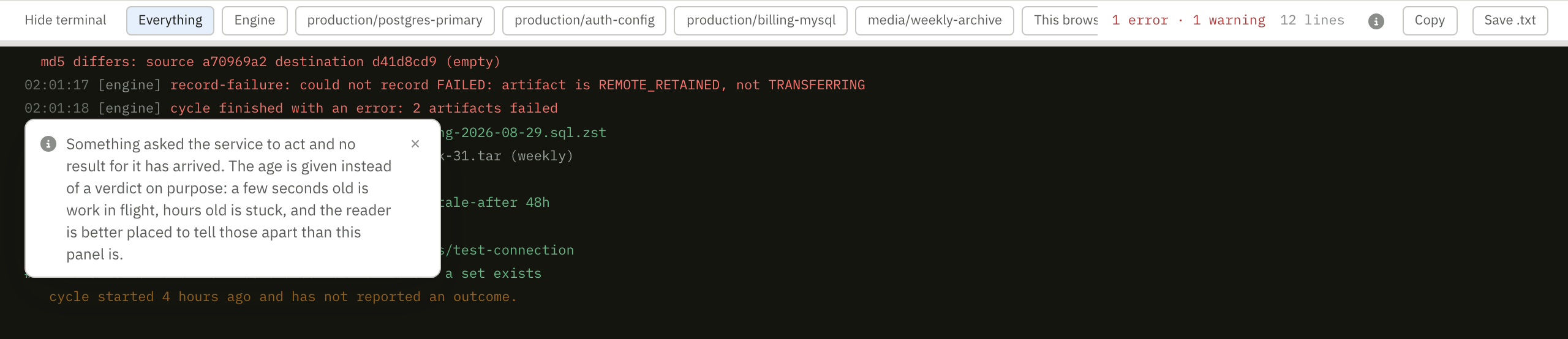 The docked terminal expanded: filter chips for Everything, Engine, each backup set and This browser, an error and warning count, Copy and Save .txt buttons, and a log showing engine lines, an admin action, and the retnd command that action is equivalent to