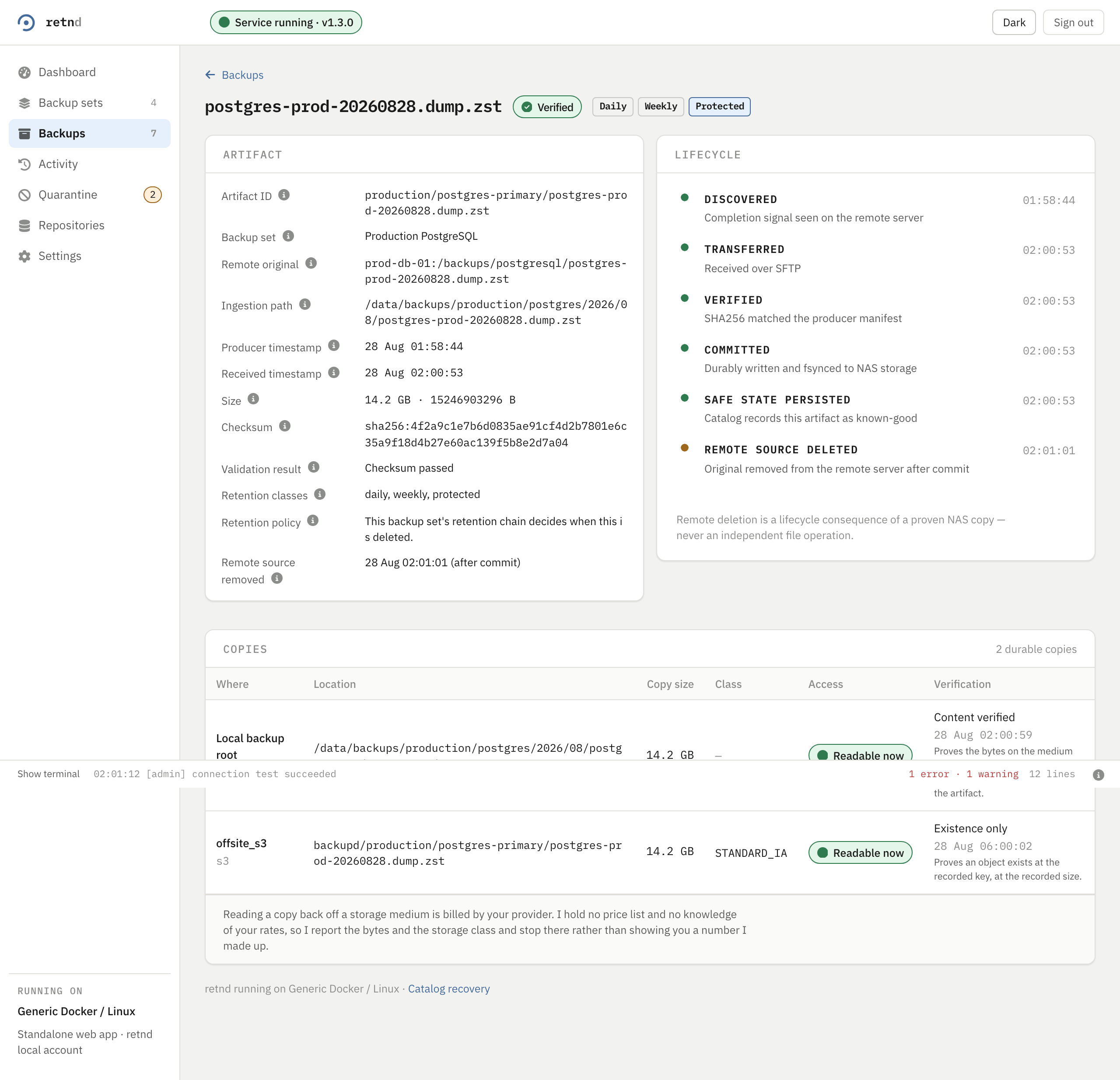 The Backup detail screen for postgres-prod-20260828.dump.zst: an Artifact card with the id, checksum and retention fields, a Lifecycle timeline card, and a list of its two copies with their verification class