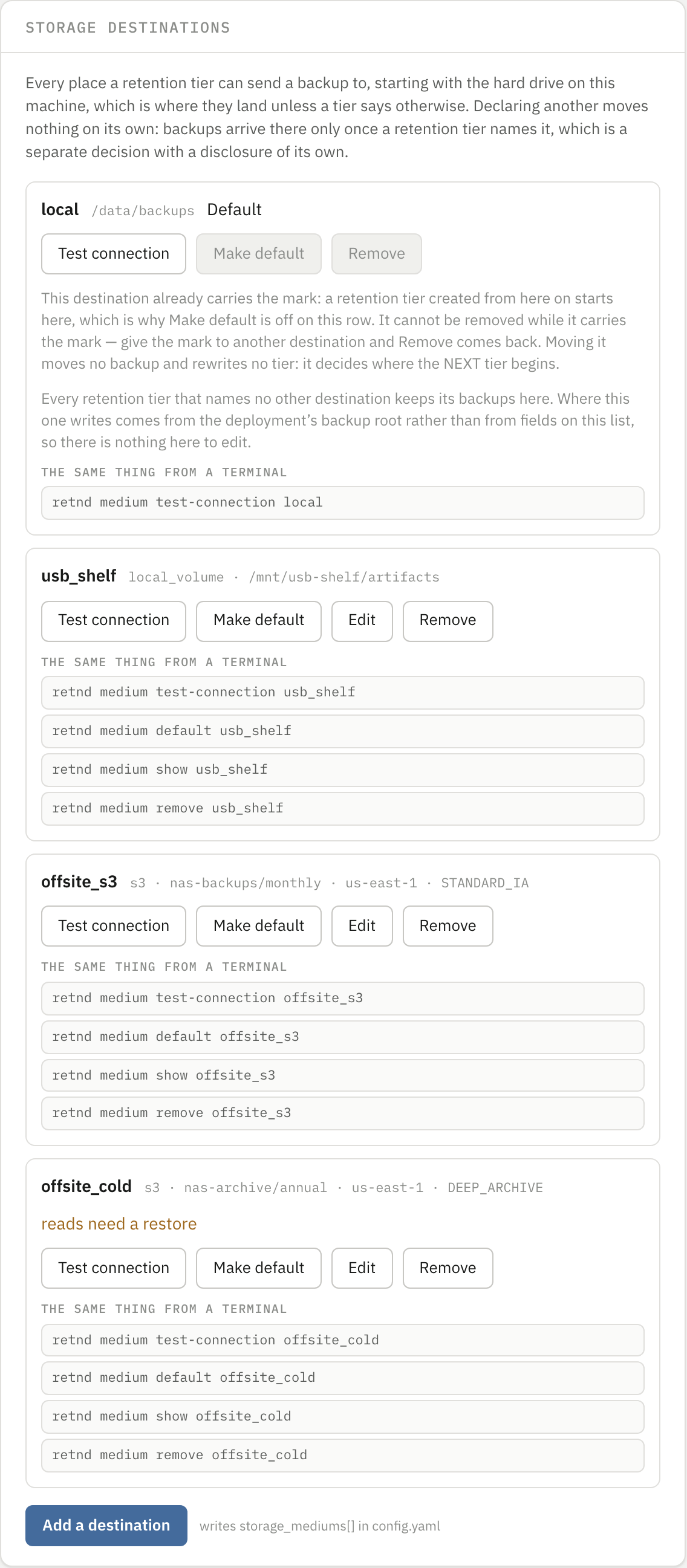 The Storage destinations card: four destinations in a column. local, marked Default, with Test connection live and Make default and Remove dimmed above two paragraphs explaining why. usb_shelf, described as local_volume at /mnt/usb-shelf/artifacts, with all four controls live. offsite_s3 and offsite_cold, both s3, the second carrying a reads-need-a-restore chip. Each row prints the retnd commands its live controls are equivalent to, and an Add a destination button closes the card