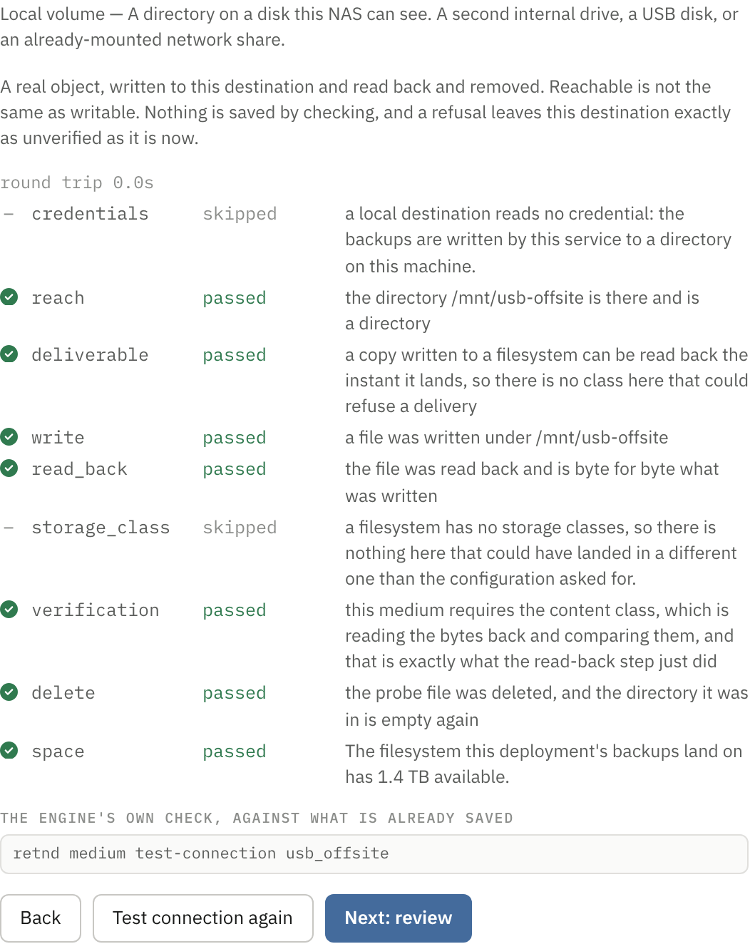 The configure wizard's test step: a paragraph saying a real object is written and read back and removed and that reachable is not the same as writable, a round trip figure of 0.7s, then nine rows. credentials skipped with the manifest's reason that a local destination reads no credential, reach passed naming the directory, deliverable passed, write passed, read_back passed, storage_class skipped with the manifest's reason that a filesystem has no storage classes, verification passed, delete passed, and space passed reporting 1.4 TB available. Below them the equivalent retnd medium test-connection command and Back, Test connection again and Next: review