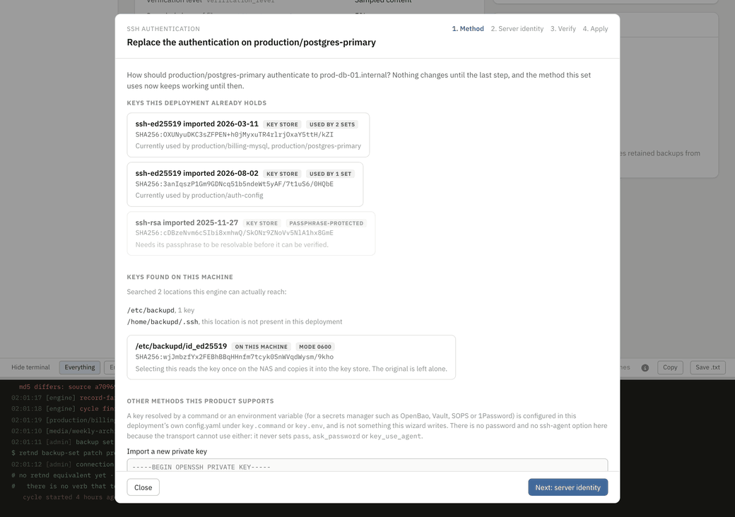 The SSH authentication wizard: the keys held, the keys found on the machine, picking one, probing the server identity, then a six-step verification