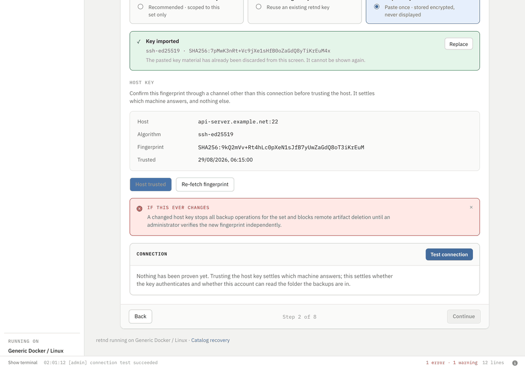 The add-backup-set review step: nothing proven and saving disabled, then a six-step connection report and saving enabled