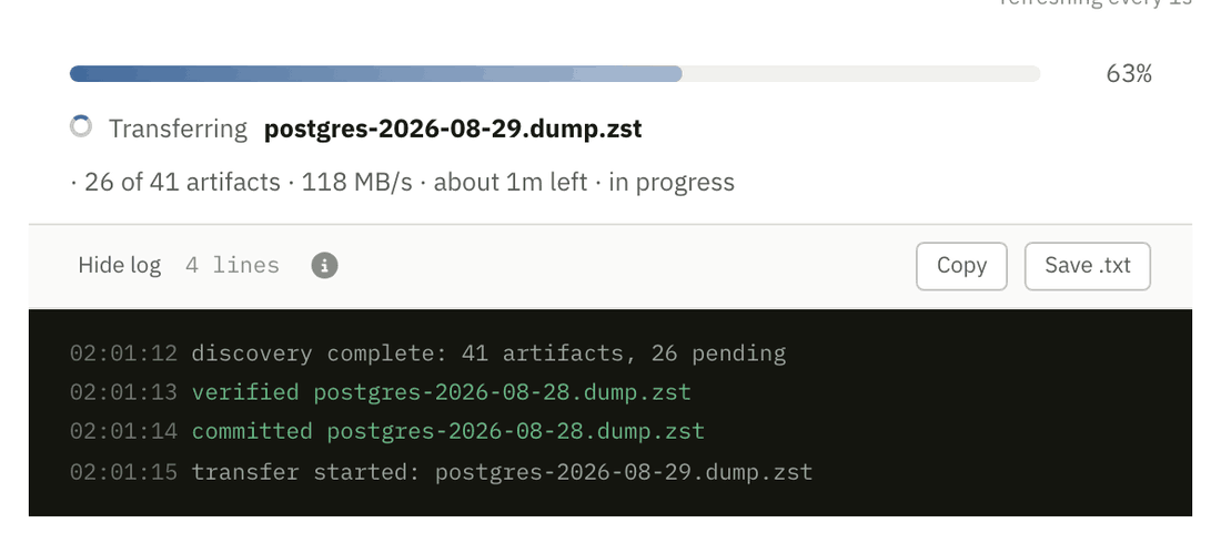 One backup set's activity panel taking a browser-written line with the equivalent command under it, then the log hiding and reappearing