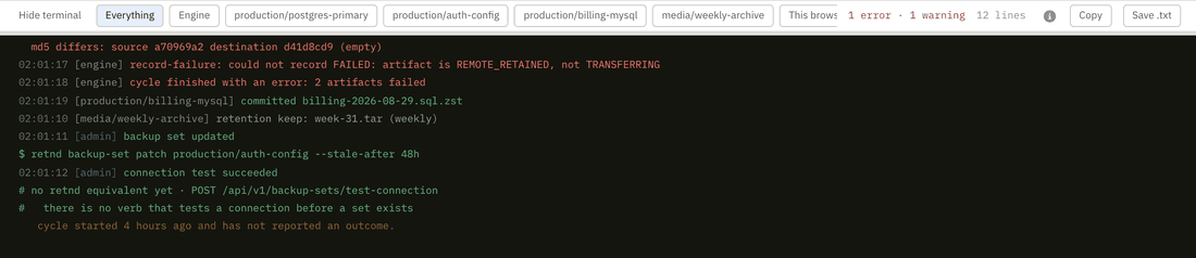 Clicking through the terminal's filter chips: one backup set, then Engine, then Commands only, then Everything