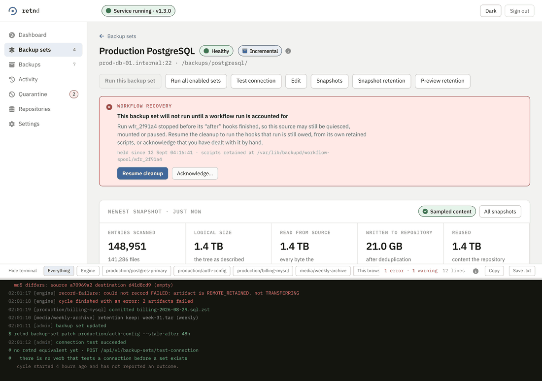 The backup set page scrolling from top to bottom while the terminal stays fixed to the bottom of the window