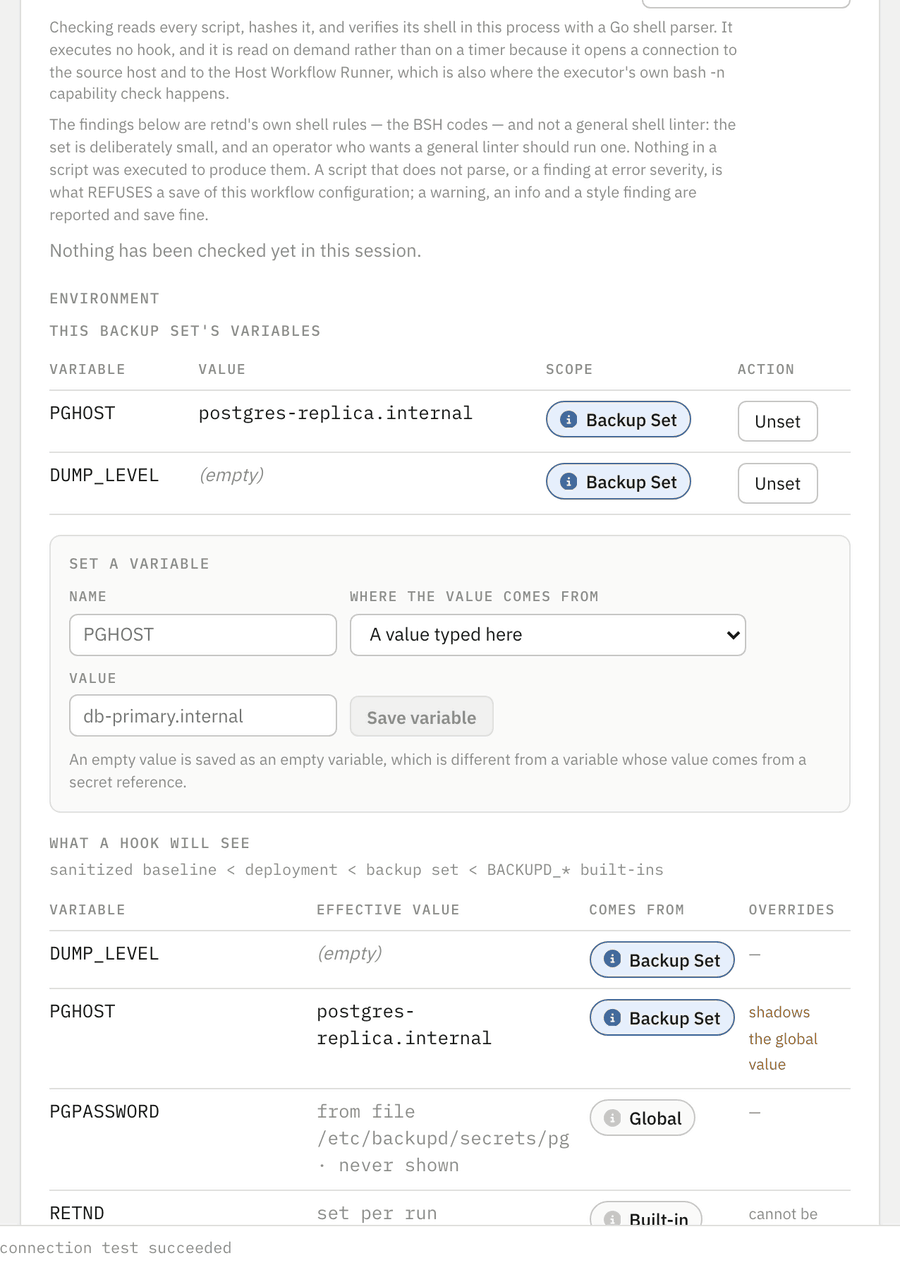 The workflow environment table on a backup set: variables inherited from the deployment, variables set on the set itself, and a secret-backed variable whose value is not shown