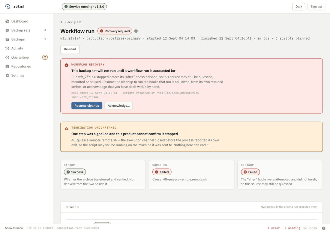 A workflow run in recovery_required with two controls: Resume cleanup, and Acknowledge manual recovery with a recorded reason