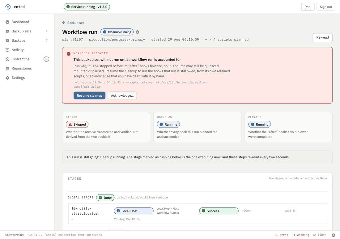 A workflow run page: five stages listed in execution order, each with its scripts, progressing as the run advances
