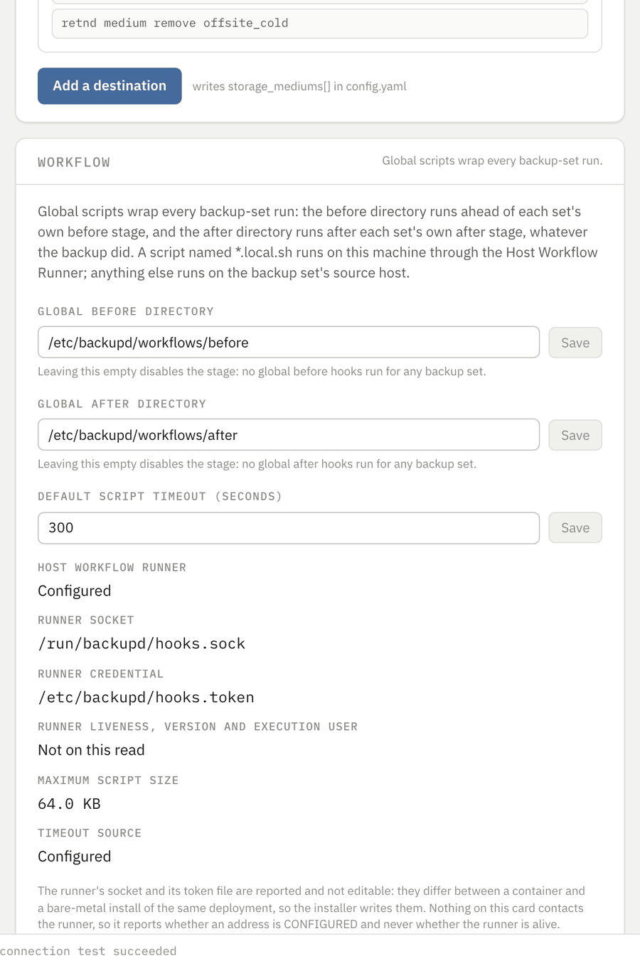 The deployment-wide Workflow card in Settings: the workflow root, the global stage directories, the script timeout, and the Host Workflow Runner's socket and credential paths